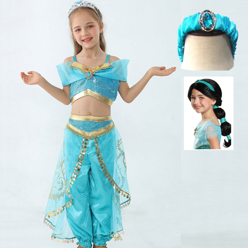 Jasmine Costume Girls Kid Summer Princess Dance Dress Aladdin's Lamp Magic Cosplay Costume Christmas Performance Top and Pant