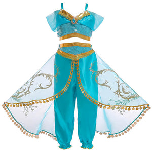 Jasmine Costume Girls Kid Summer Princess Dance Dress Aladdin's Lamp Magic Cosplay Costume Christmas Performance Top and Pant