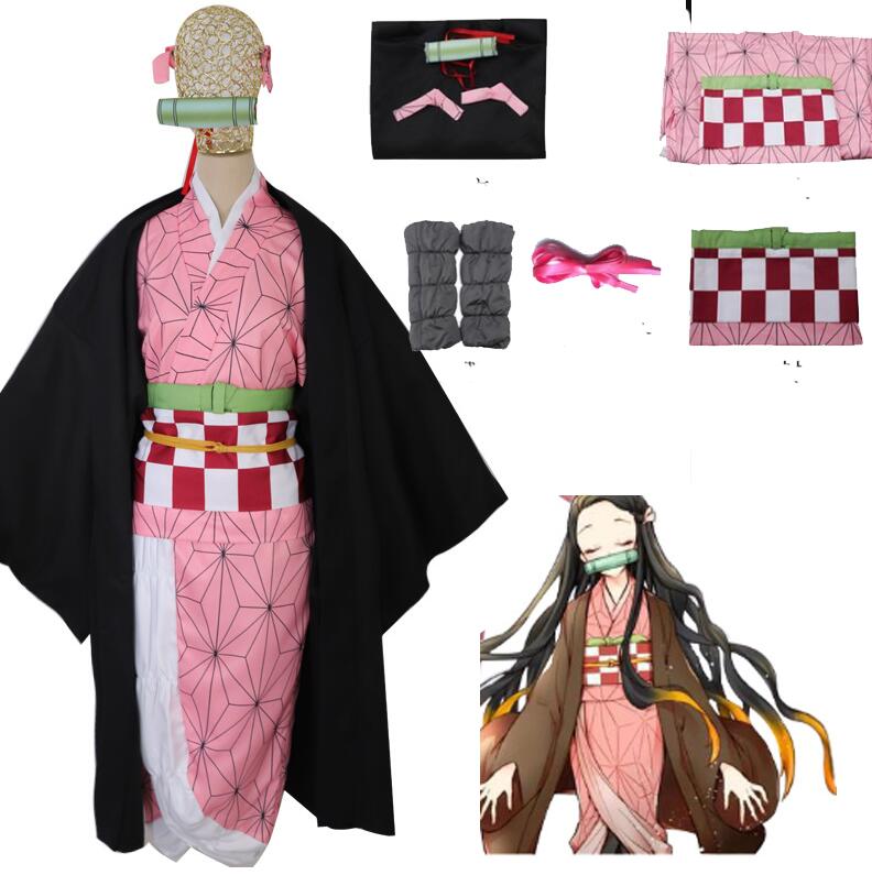 Full Set Demon Slayer Kimetsu no Yaiba Kamado Nezuko Cosplay Costume Kimono wig Geta Shoes Headwear Japan Anime Halloween Dress