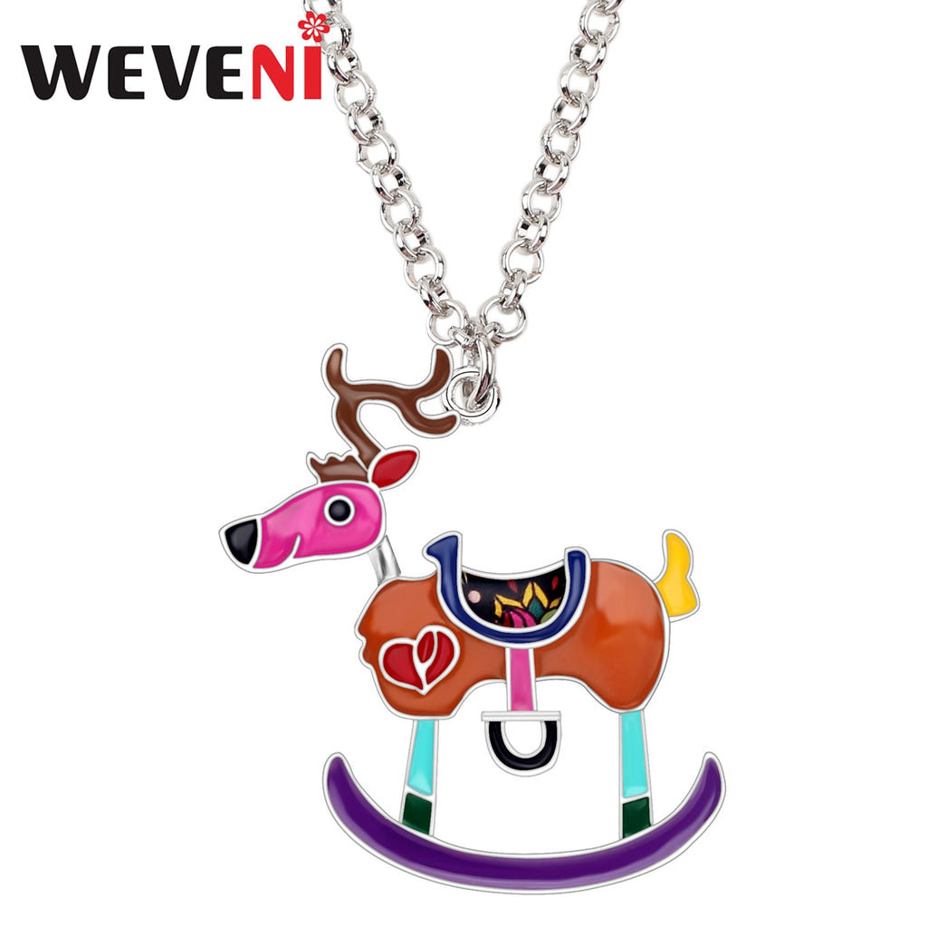 WEVENI Enamel Alloy Christmas Deer Reindeer Necklace Pendant Chain Anime Animal Jewelry Gift For Women Girls Kids Accessoires