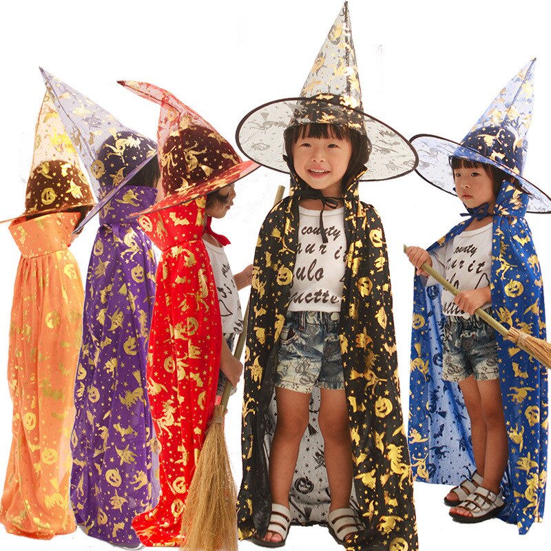 10 set 90cm children halloween party witch bleach cloak kids black red blue orange purple cape + hat printing pumpkin bat ghost
