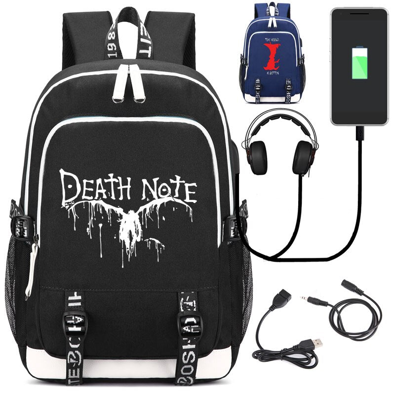 Death Note Backpack with USB Charging Port and Lock &Headphone interface for College Student Work Mochilas backpack school
