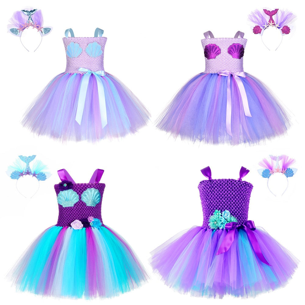 Children Unicorn Costume For Girls Halloween Cosplay Purple Dress Mermaid With Headwear Fish-scale Sequins Party Princess Dress