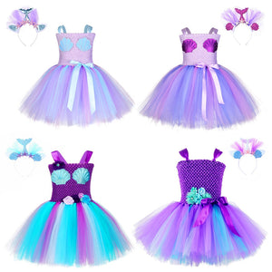 Children Unicorn Costume For Girls Halloween Cosplay Purple Dress Mermaid With Headwear Fish-scale Sequins Party Princess Dress