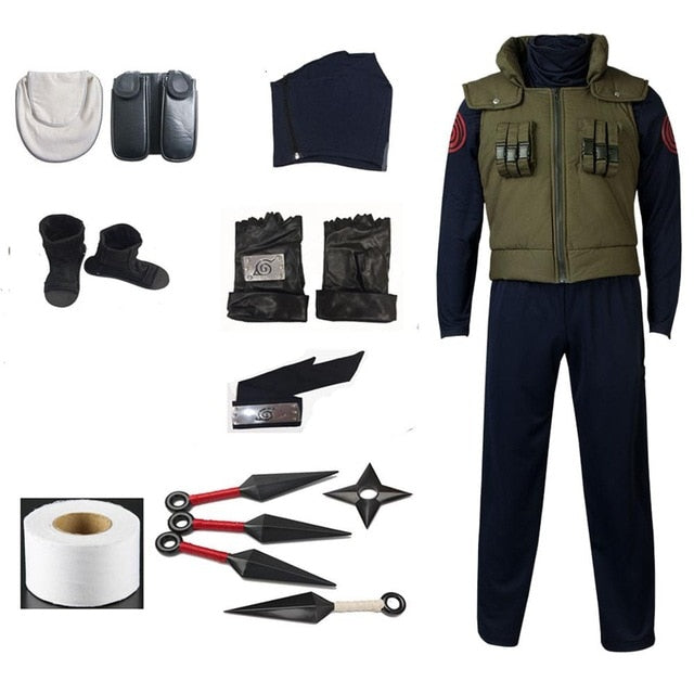 Anime Naruto Cosplay Hatake Kakashi cosplay costume Clothes +gloves+hedband+wig+boots+bags+weapon+mask custom made size