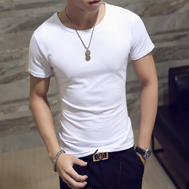 Clothes 2019 Comfortable One Piece T-Shirt Men Short Casual Solid Regular V-Neck Plain Top Tees White Black Blue Mens T Shirts M