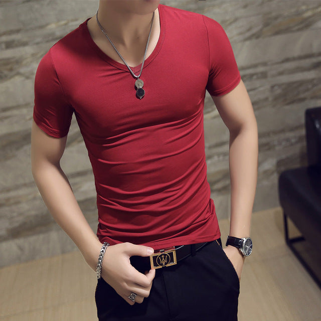 Clothes 2019 Comfortable One Piece T-Shirt Men Short Casual Solid Regular V-Neck Plain Top Tees White Black Blue Mens T Shirts M