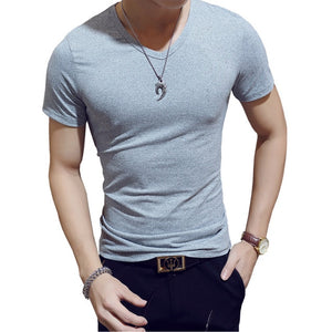 Clothes 2019 Comfortable One Piece T-Shirt Men Short Casual Solid Regular V-Neck Plain Top Tees White Black Blue Mens T Shirts M