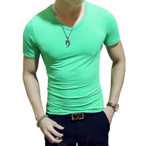 Clothes 2019 Comfortable One Piece T-Shirt Men Short Casual Solid Regular V-Neck Plain Top Tees White Black Blue Mens T Shirts M