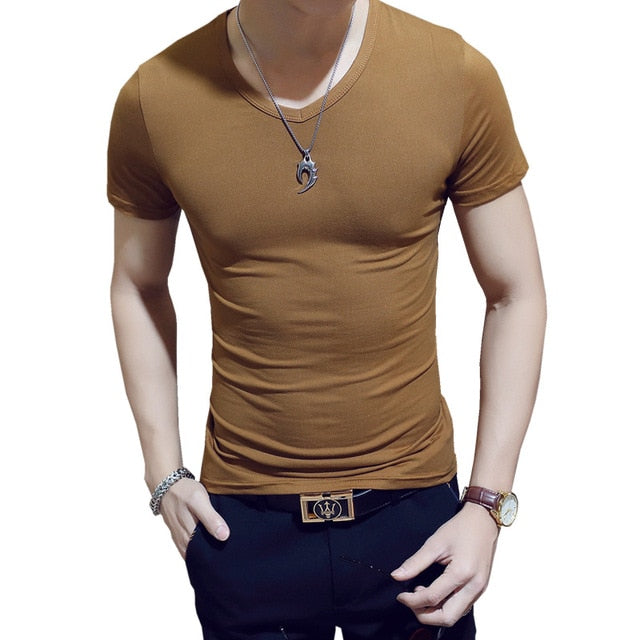 Clothes 2019 Comfortable One Piece T-Shirt Men Short Casual Solid Regular V-Neck Plain Top Tees White Black Blue Mens T Shirts M