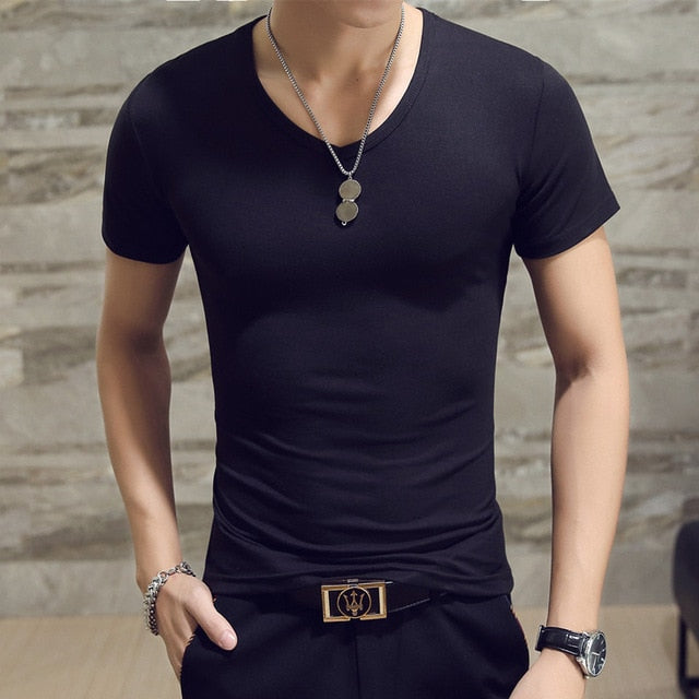 Clothes 2019 Comfortable One Piece T-Shirt Men Short Casual Solid Regular V-Neck Plain Top Tees White Black Blue Mens T Shirts M